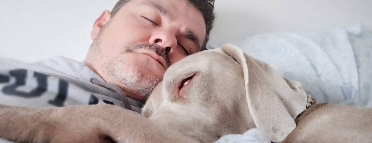 man_sleeping_with_his_dog_on_a_leesa_mattress_and_pillow