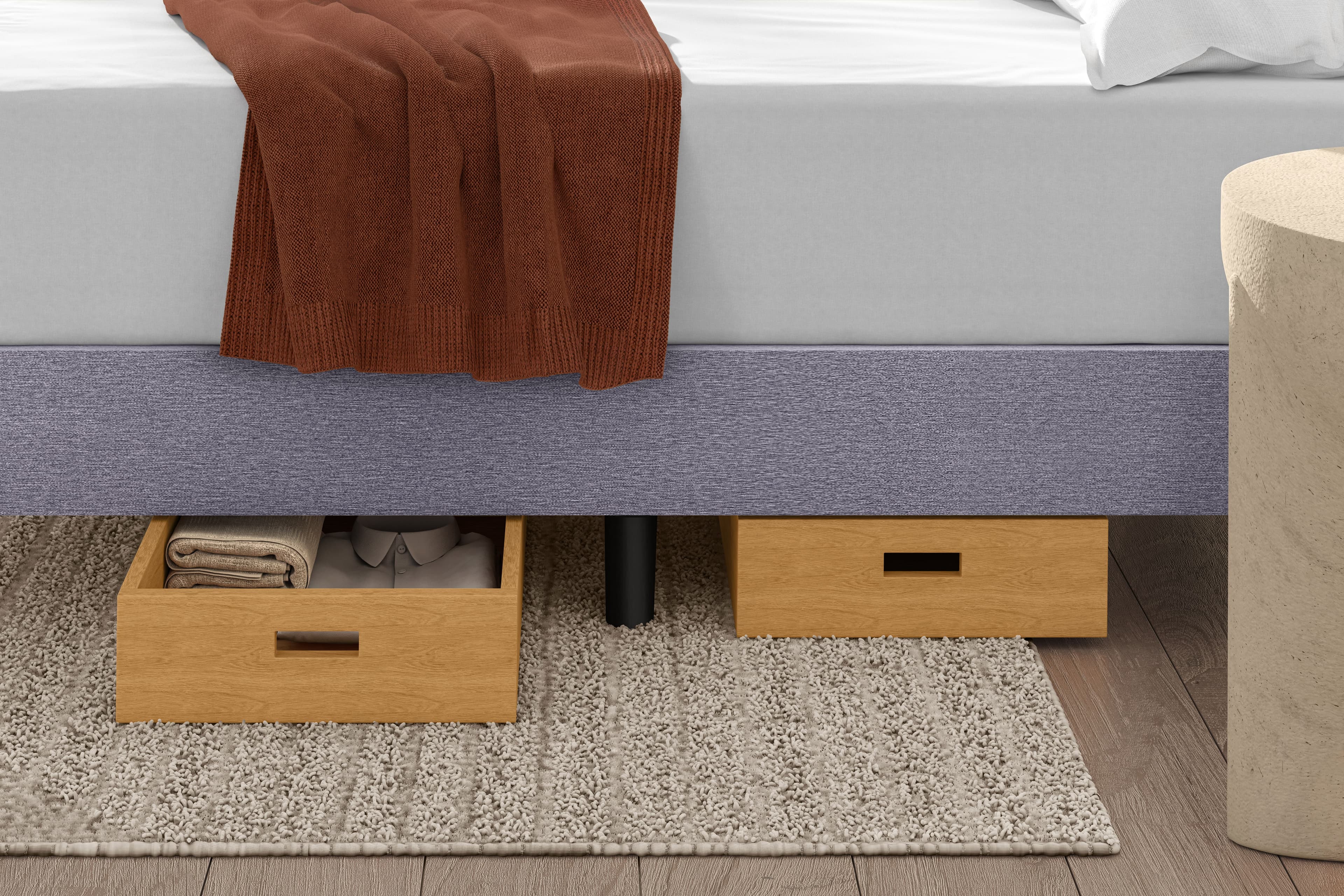 Brown bed throw on a white mattress with Leesa platform bed and under bed wooden storage
