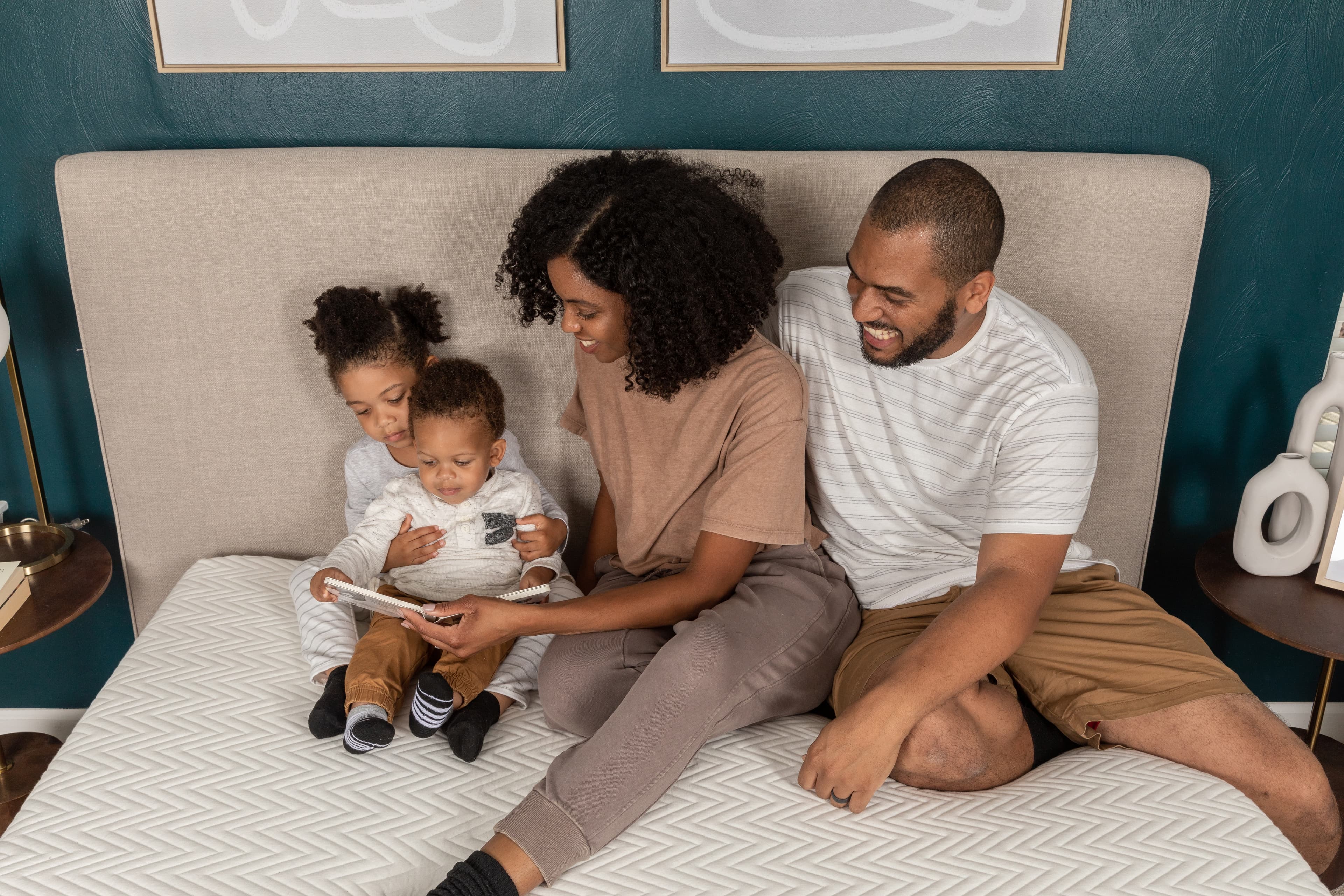 Family hanging out on a Leesa bed